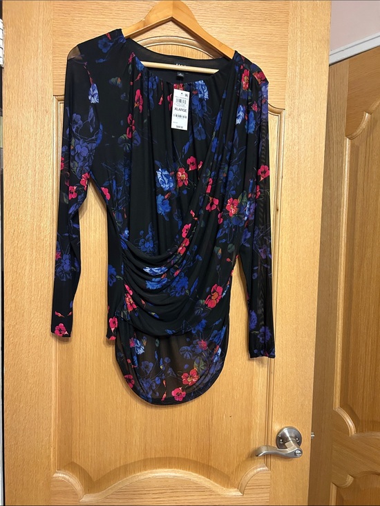 INC International Concepts Tops - Floral Draped Long-Sleeve Top - Black with Blue & Pink Flowers
